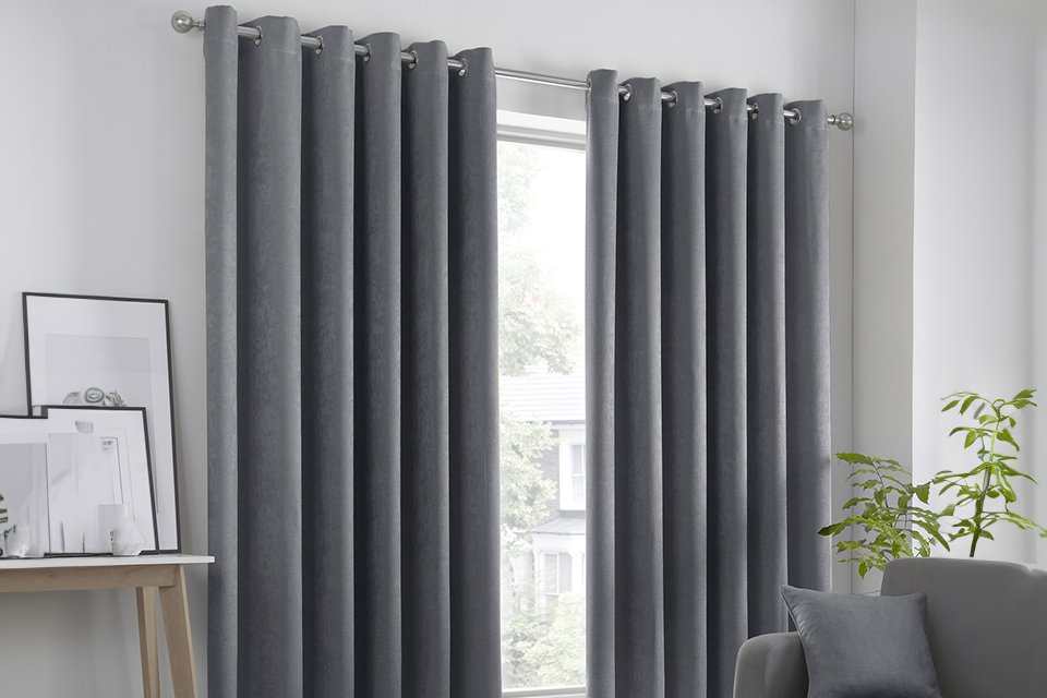 Grey curtains.